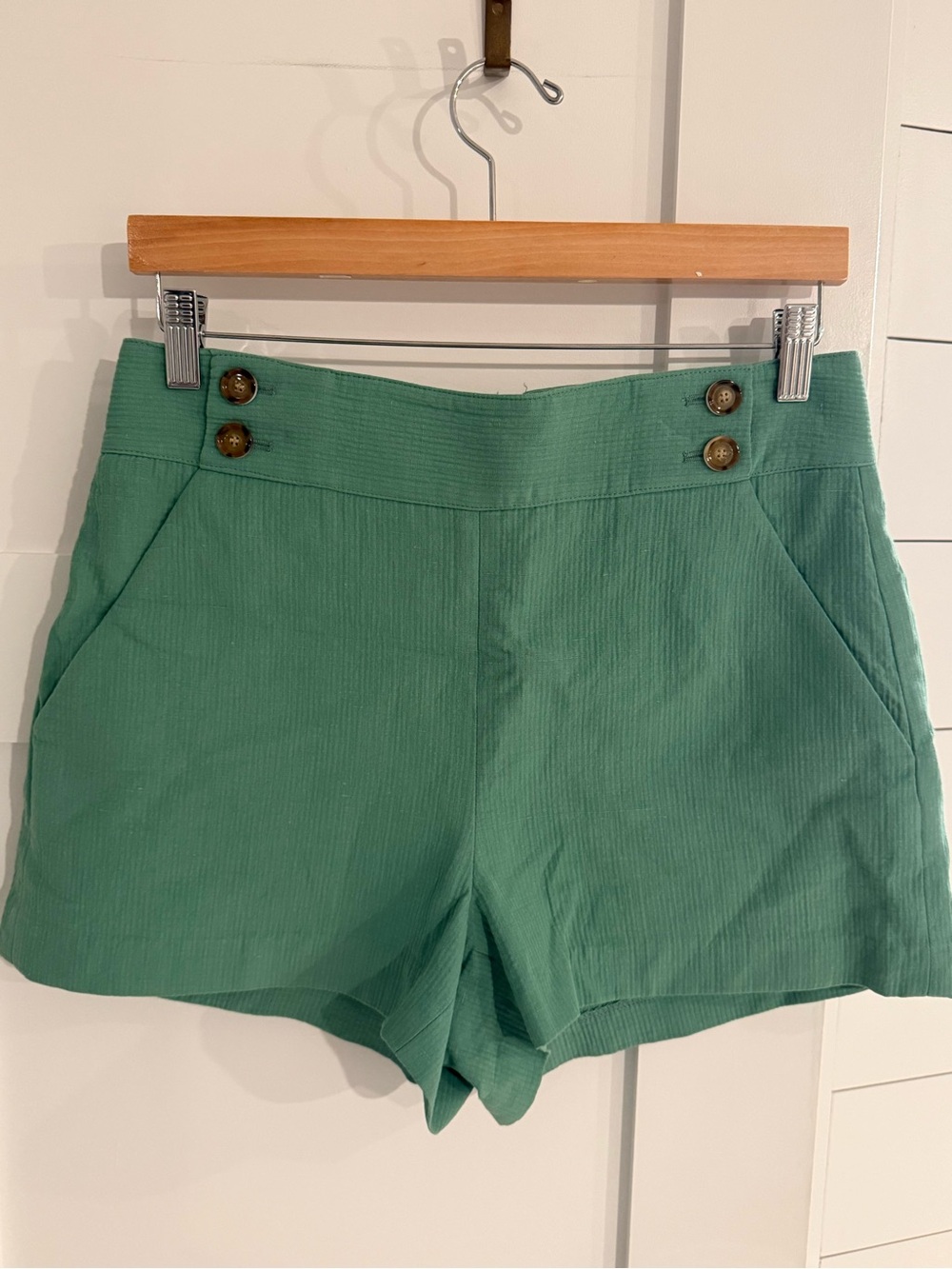 Veronica Beard Kimm cotton Linen Agate Green High-Waist Button Shorts